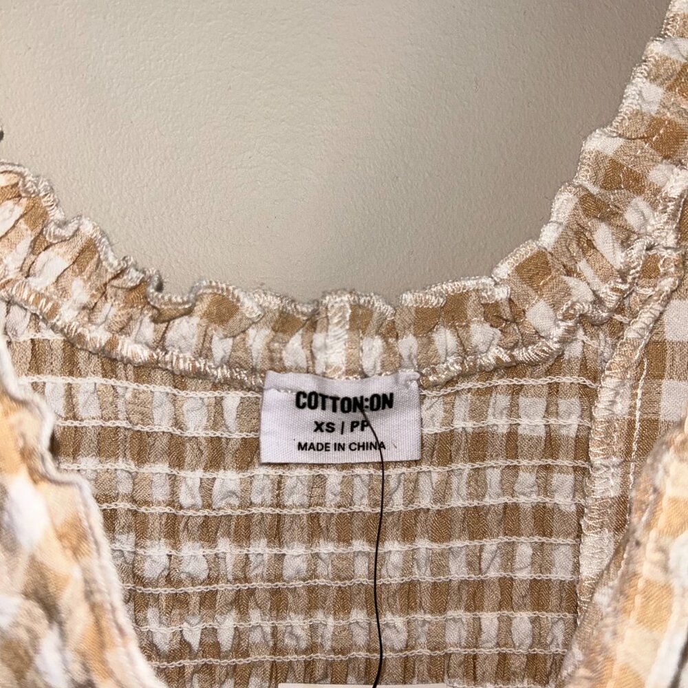 Cotton On Milly Sweetheart Mini Dress XS Taupe Gingham Puff Sleeve NWT - Picture 3 of 8